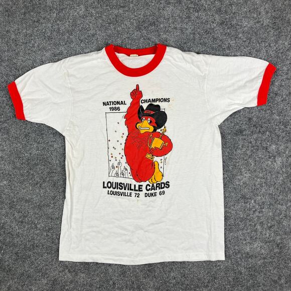 Screen Stars TShirt Mens XL White Red Ringer 1986 Louisville Cards Vintage - Picture 2 of 9